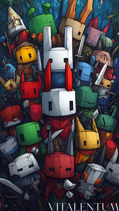 Colorful cube-headed warriors gather in a playful forest battle