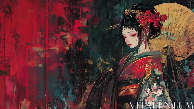 Digital painting portrait of geisha amid abstract crimson field.