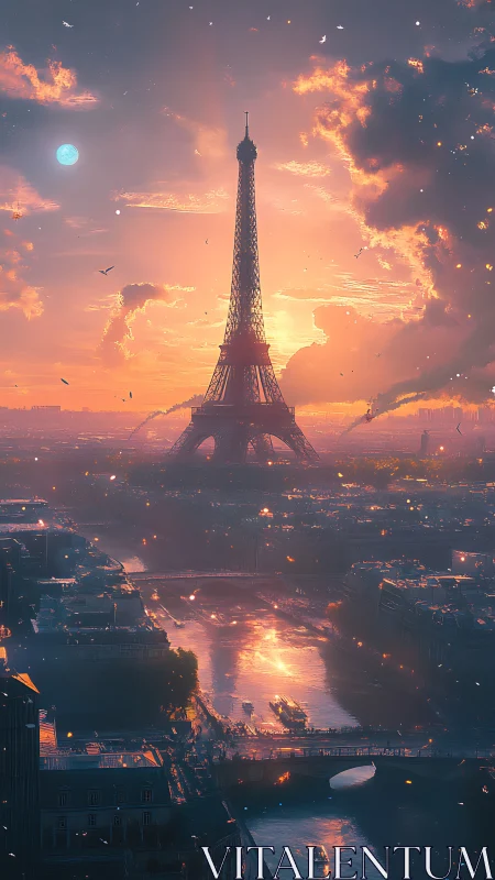 Dreamlit Eiffel Tower over glowing Parisian river dusk.