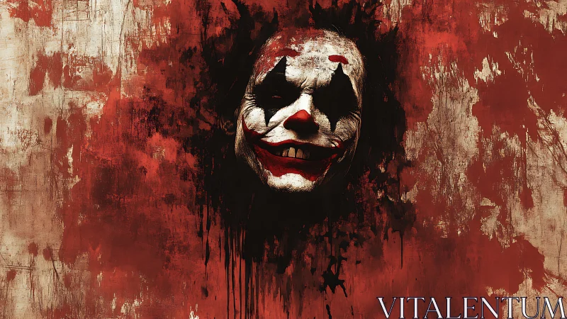 Blood-slick joker visage melting through a brutal red haze.