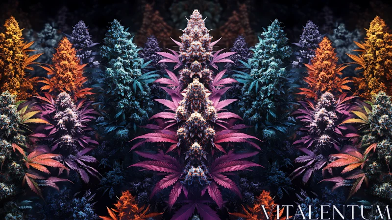 Dreamy rainbow forest of glowing fantasy plants at night.