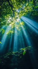Gentle sunbeams streaming through a lush green forest canopy.