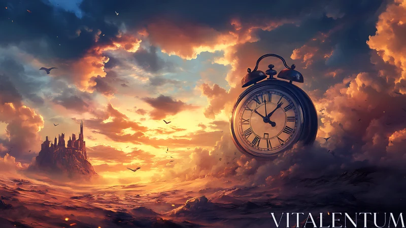 Cloud-sailing clock drifts over a molten sea of sunset time