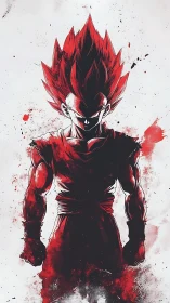 Red monochrome anime warrior rendered in splatter-ink silhouette