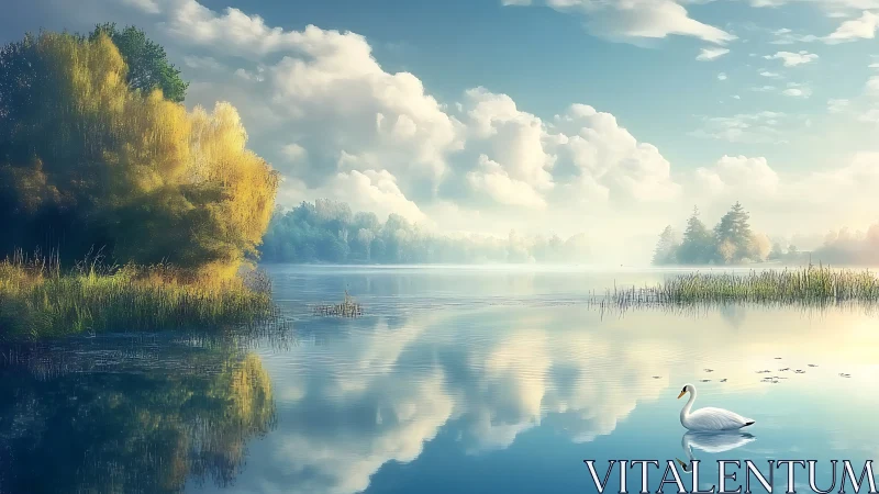 Swan drifting across misty lake under luminous morning sky.