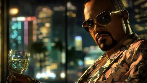 Confident man with wine glass in neon city nightlife scene