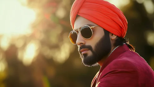 Sunlit portrait of man in orange turban and sunglasses.
