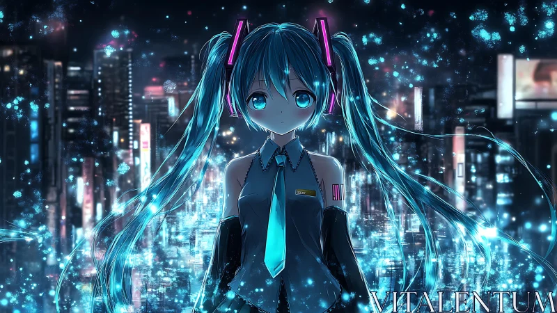 Cyberpunk anime idol with neon hair in luminous cityscape.