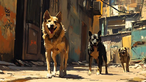 Digital painting of street dogs in sunlit urban alleyway.