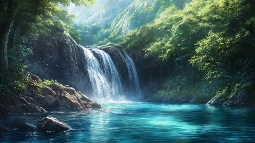 Sunlit forest waterfall cascading into clear blue pool.