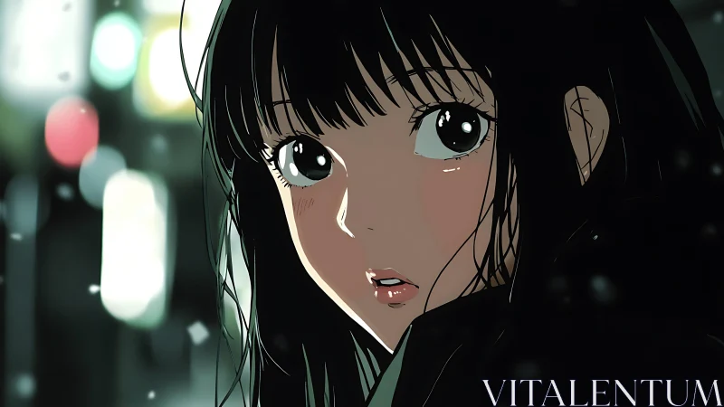 Soft night surprise with a wide eyed girl in city lights.