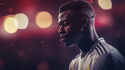 Focused footballer stands under stadium lights at night.
