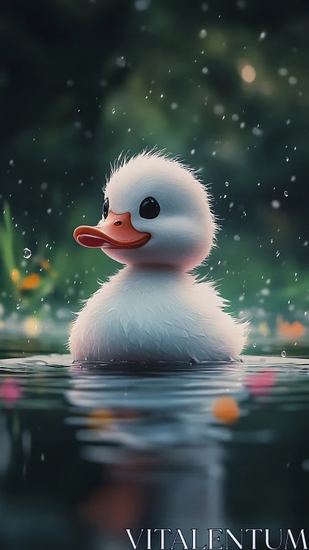 Soft-lit duckling portrait in shallow pond with bokeh rain