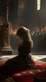 Child in ceremonial dress kneeling in dim cathedral interior.