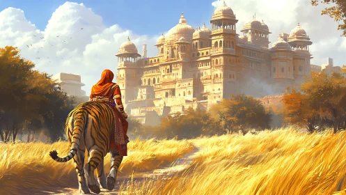 Rider on tiger approaching grand palace in golden field.