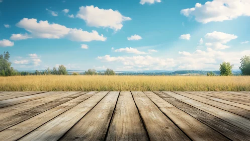 Wooden deck facing open field under bright blue sky.