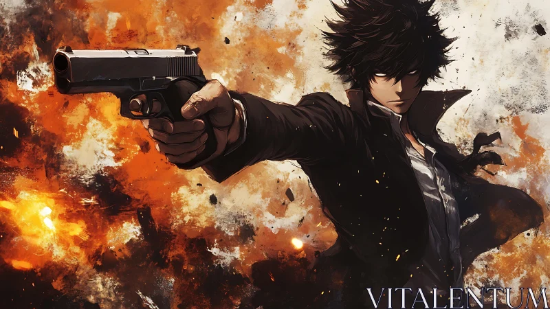 Gunman extends pistol through fiery explosion background