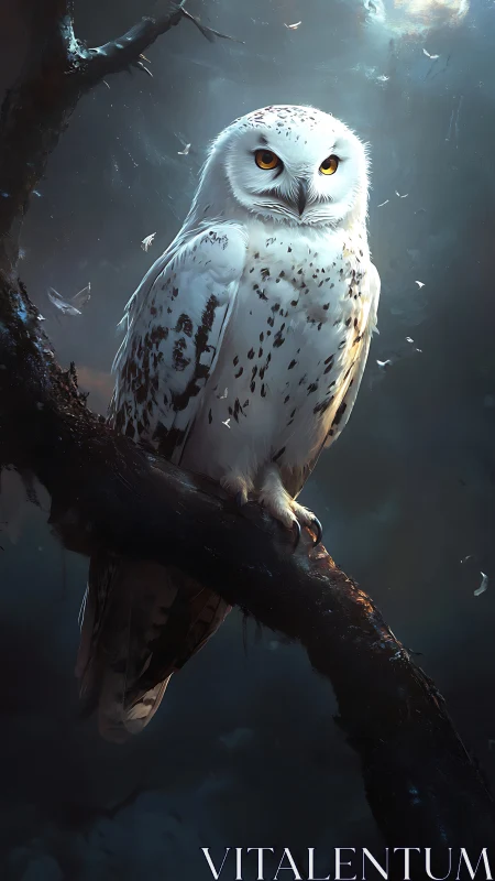 Snowy owl perched on branch in dark atmospheric forest.