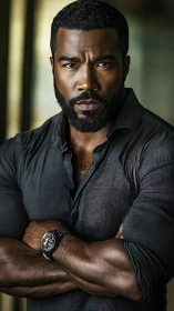 Bearded man in dark shirt with folded arms, neutral setting.