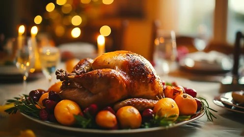 Golden holiday turkey throne crowned with citrus and candlelight.