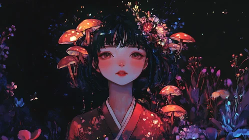 Bioluminescent mycology halo encircling nocturnal portrait.