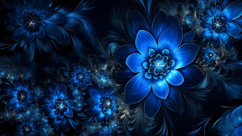Blue fractal blossoms on dark abstract swirling field.