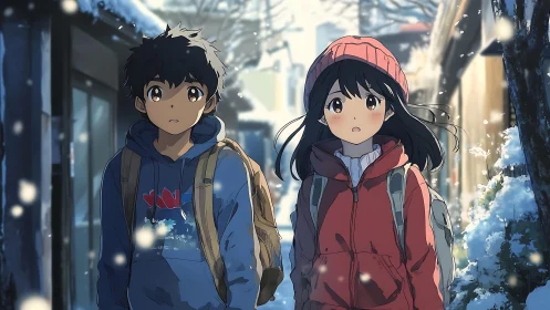 Winter city stroll with anime teens in soft snowfall.