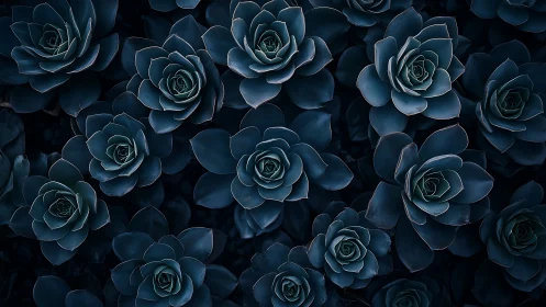 Blue Succulent Rosettes. Geometric flora arrangement overhead perspective.