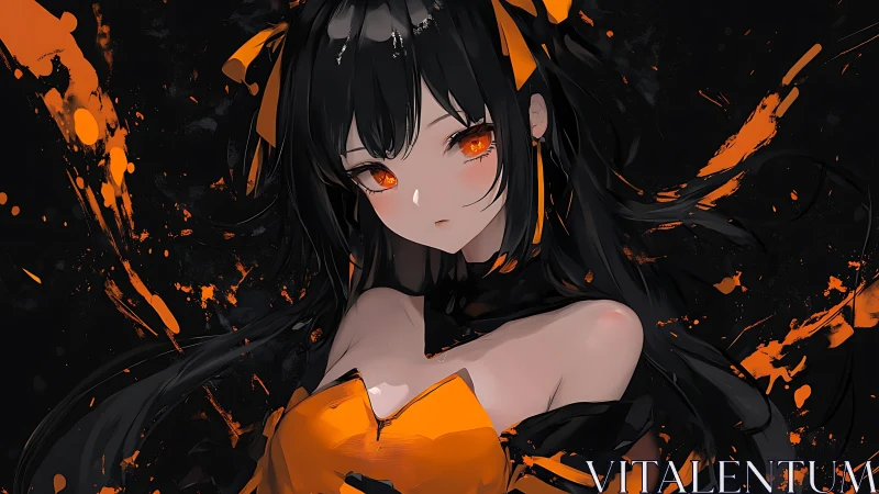 Dark-haired anime girl in orange splatter aesthetic portrait.