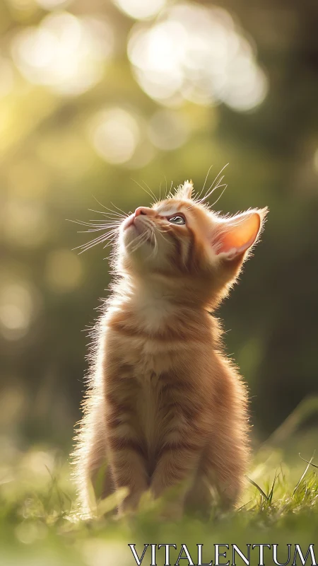 Sunlit ginger kitten gazes skyward in dreamy garden glow.