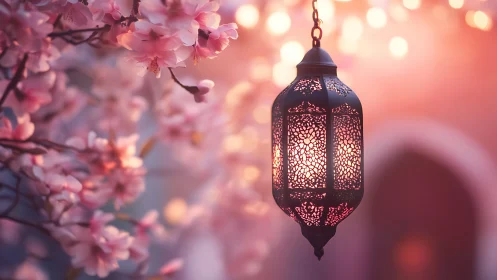 Perforated metal lantern glows beside soft-focus cherry blossoms