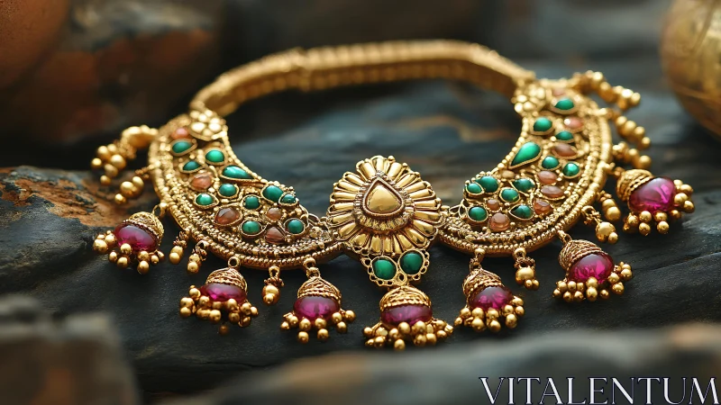 Gold choker necklace with green and magenta gemstone drops.