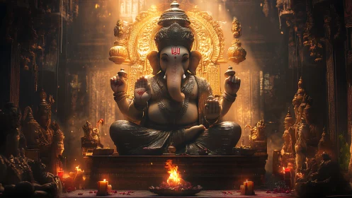 Ganesha statue sits in ornate golden temple with ritual fire