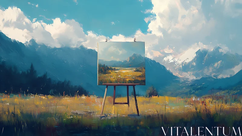 Canvas on easel replicates surrounding mountain landscape scene