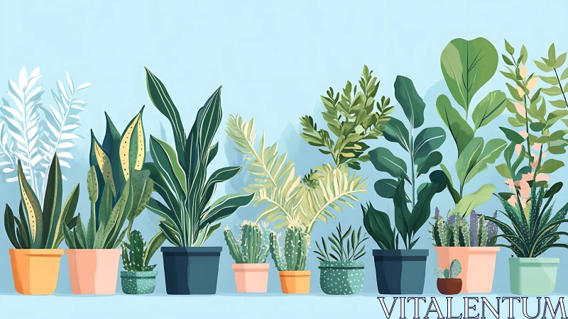 Row of potted indoor plants is arranged against blue background