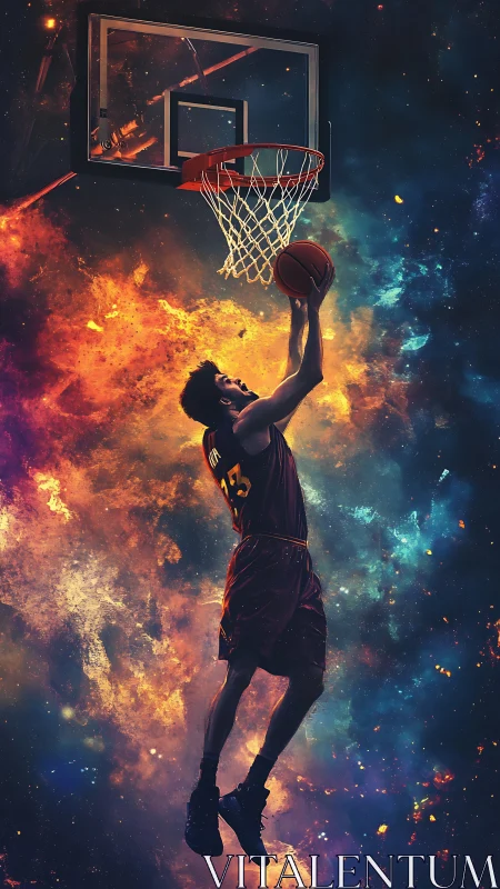 Soaring basketball player framed by cosmic nebula light.
