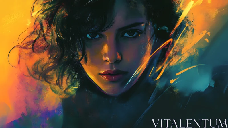 Intense digital portrait of woman in bold neon colors.