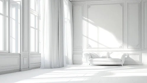 Sunlit white salon with neoclassical wall panels and sofa.