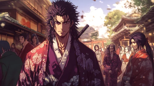 Storm-eyed samurai walks through a festival of wary ghosts