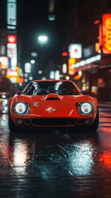 Red sports car is parked on wet city street at night