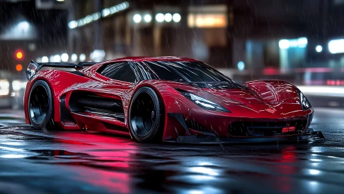 Red hypercar on wet neon city street at night in rain.