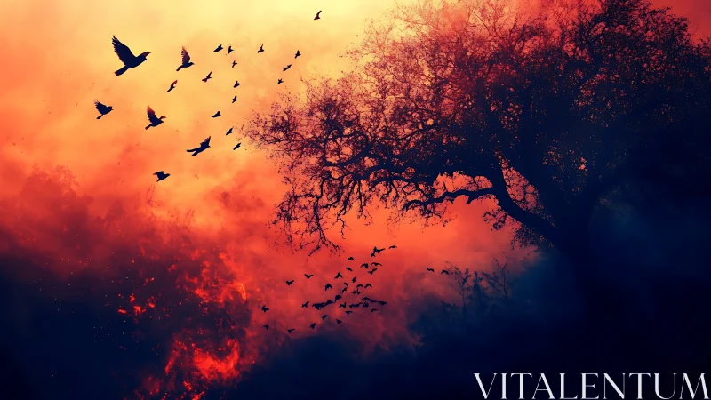 Silhouetted tree and birds against burning twilight sky.