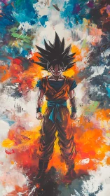 Anime fighter in orange gi amid abstract color burst.