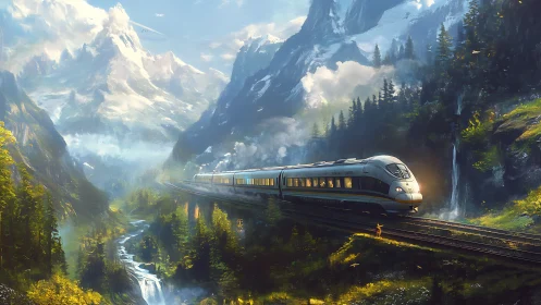Futuristic mountain train cuts through luminous alpine valley.