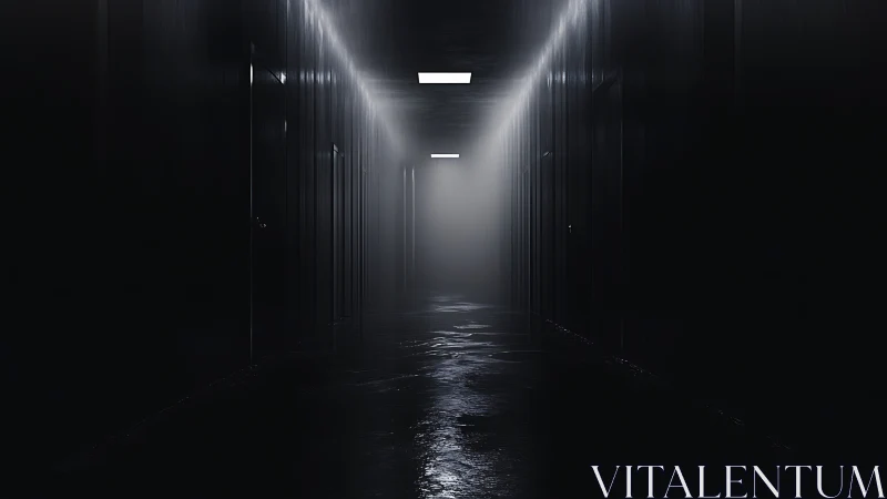 Long wet corridor under stark fluorescent ceiling panels receding