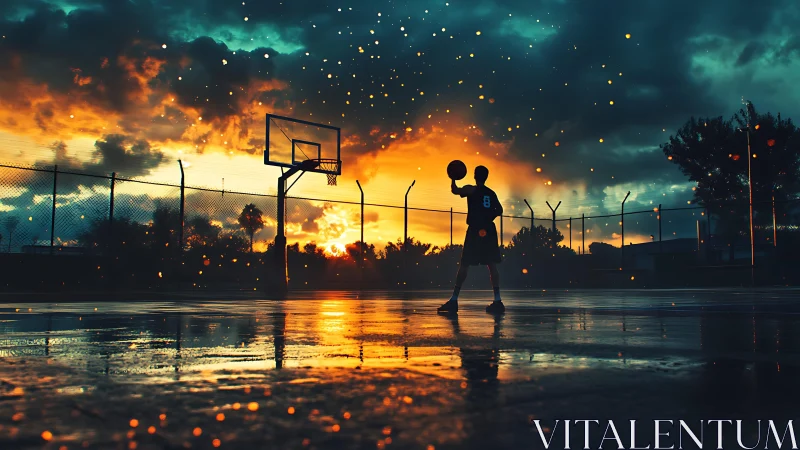 Sunset court silhouette under rainlit reflections.