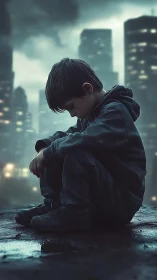 Lonely boy sits on wet rooftop under moody city skyline