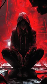 Hooded figure seated cross legged in red digital environment.