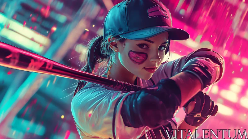 Neon-lit cyberpunk batter poised for dynamic swing.