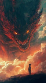 Child confronts colossal fiery sky demon above clouds.
